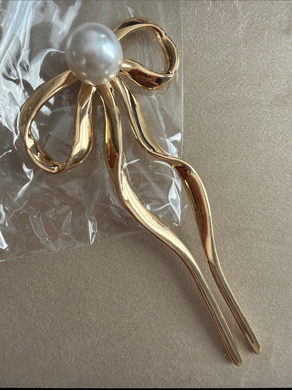 Gold Bow Hair Fork with Pearl NWT